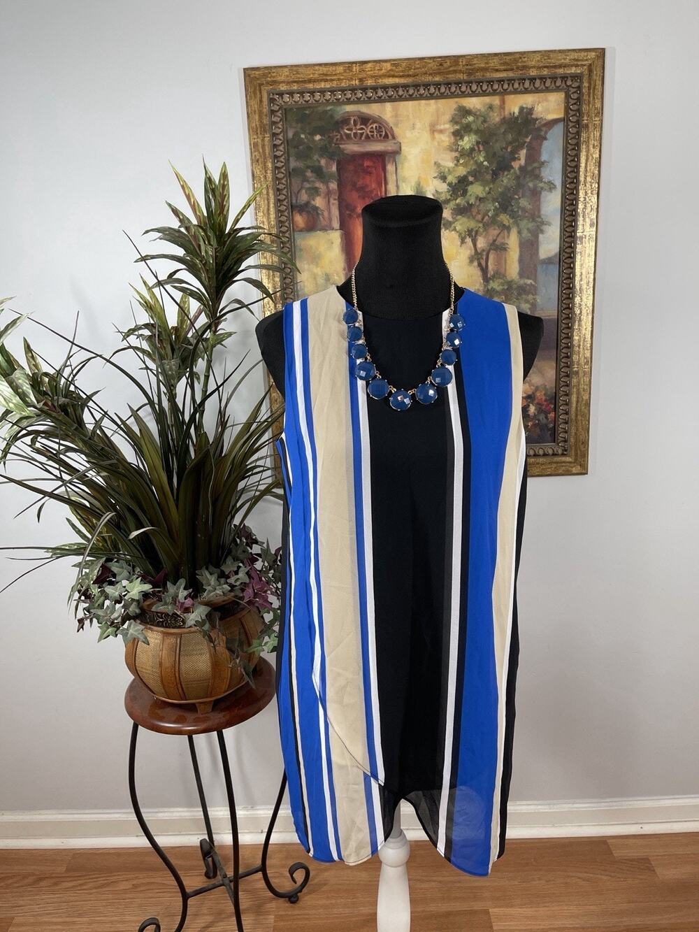 Chico's Size 0 Dramatic Stripe Sleevelessโ Overlay Dress Blue Black Beige